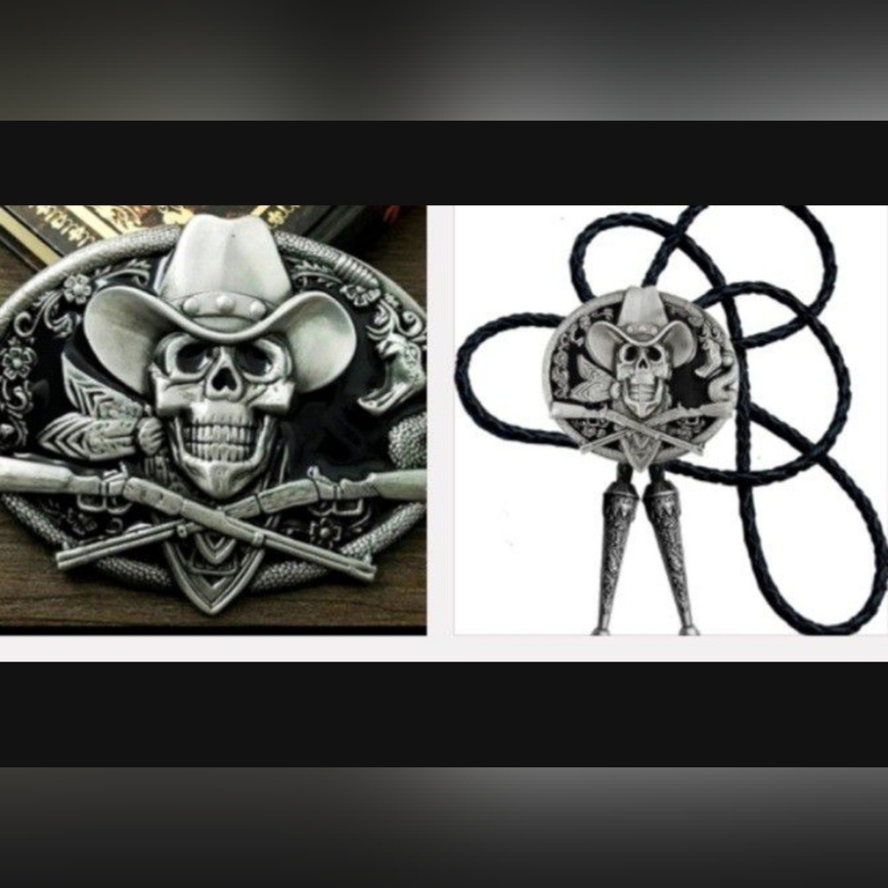 New Matching Cowboy Skeleton Belt Buckle And Leather Bolo Tie